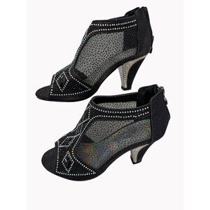 Ashley A Black Mesh Rhinestone Open Toe Heels Size 5 Glitter Zip Dress Shoes